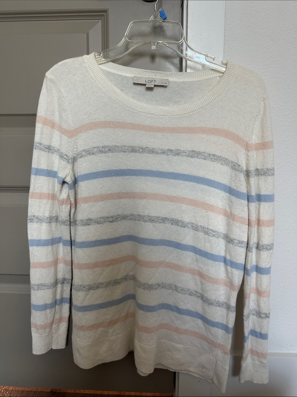 LOFT Cream Sweater with Pastel Pink, Blue & Gray Stripes